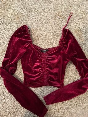 Velvet Ruched Long-Sleeve Crop Top - Burgundy